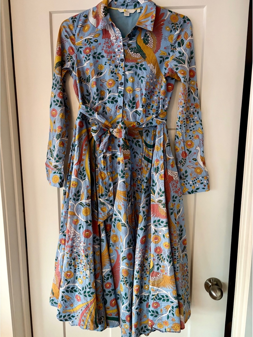 Boden Kitty Midi Shirt Dress — Dusty Blue, Enchanting Peacock, UK 8R/US 4R